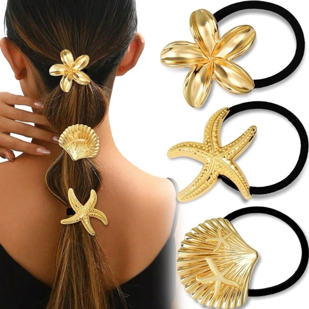 3 pcs Metal Gold Shell, Starfish, Shell Flower Hair tie